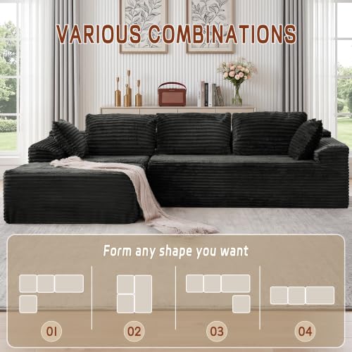 Korser 110" Boneless Modular Sectional Sofa with Chaise, L-Shaped Comfy Corduroy Fluffy Couch with Deep Seat and Side Pockets, Flexible Module Combination for Living Room, No Assembly, Side Pockets - Image 3