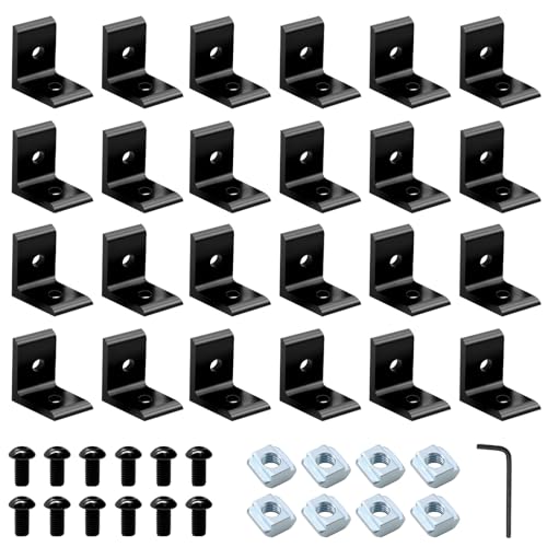 Image of 24 Pack 2020 Corner Bracket Connector 20 Series Aluminum Extrusion Profile Accessories Hardware, 90 Degree Angle Bracket for 20x20 Extruded Aluminum Black