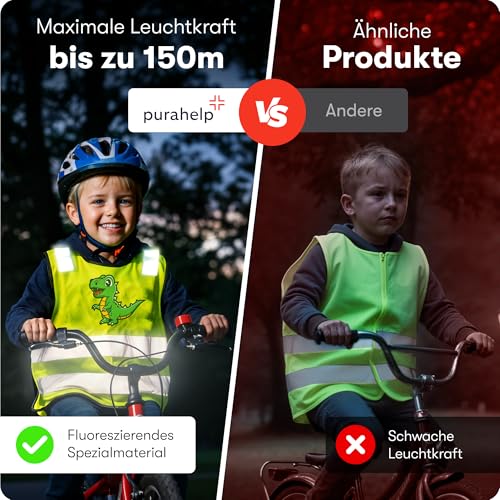 PURAHELP® Warnweste Kinder (3-12 Jahre) Sicherheitsweste [2 Stück - Dino & Einhorn] für den Schulweg, Fahrrad, Kindergarten - Reflektierende Warnweste Gelb