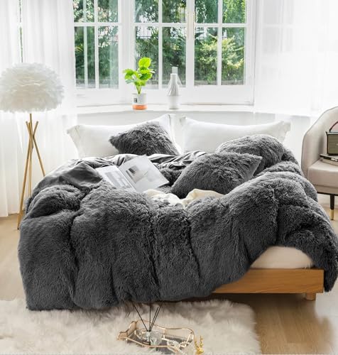 LUOYUAN 3 PC Plush Shaggy Duvet Cover Set Luxury Ultra Soft Crystal Velvet Bedding Sets（1 Faux Fur Duvet Cover + 2 Faux Fur Pillowcases）,Zipper Closure(Queen，Dark Grey)