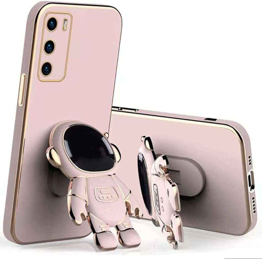 Lozeguycfor Samsung Galaxy A04E Case with Astronaut Hidden Stand,Luxury Plating Glitter Soft TPU Bumper Cover with Camera Protection,Cute Cartoon Foldable Kickstand Phone Case for Women Girls Pink