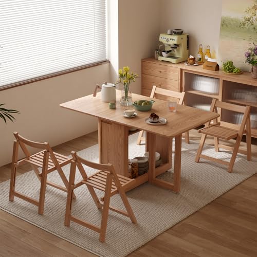 Image of AnywaysWood Folding Dining Table with 4 Foldable Chairs Set, Space Saving Extendable Solid Wood Drop Leaf Table for Kitchen Dining Living Room Small Spaces Easy Assembly (55.12 inchx31.5 inchx30 inch)