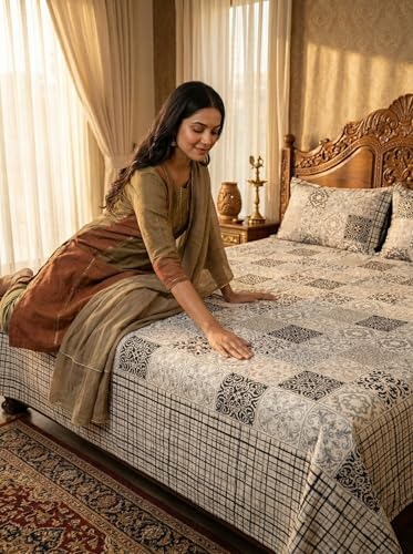 Image of Mafatlal 144 TC Jaipuri King Size Printed Cotton Bedsheet | 90 x 108 Inches | Long-Lasting Comfort | Includes 2 Pillow Covers | Black White