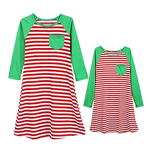 Christmas Casual Mother Daughter Winter Red Striped Maxi Dress Family Matching Pajamas Nightgown Dress (Daughter, 4-5 Years Daughter)