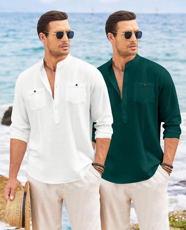 Image of Macsivo Combo of Men's Regular Fit Cotton Blend Solid Casual Short Kurta with Mandarin Collar and Pockets Kurta Pack of 2