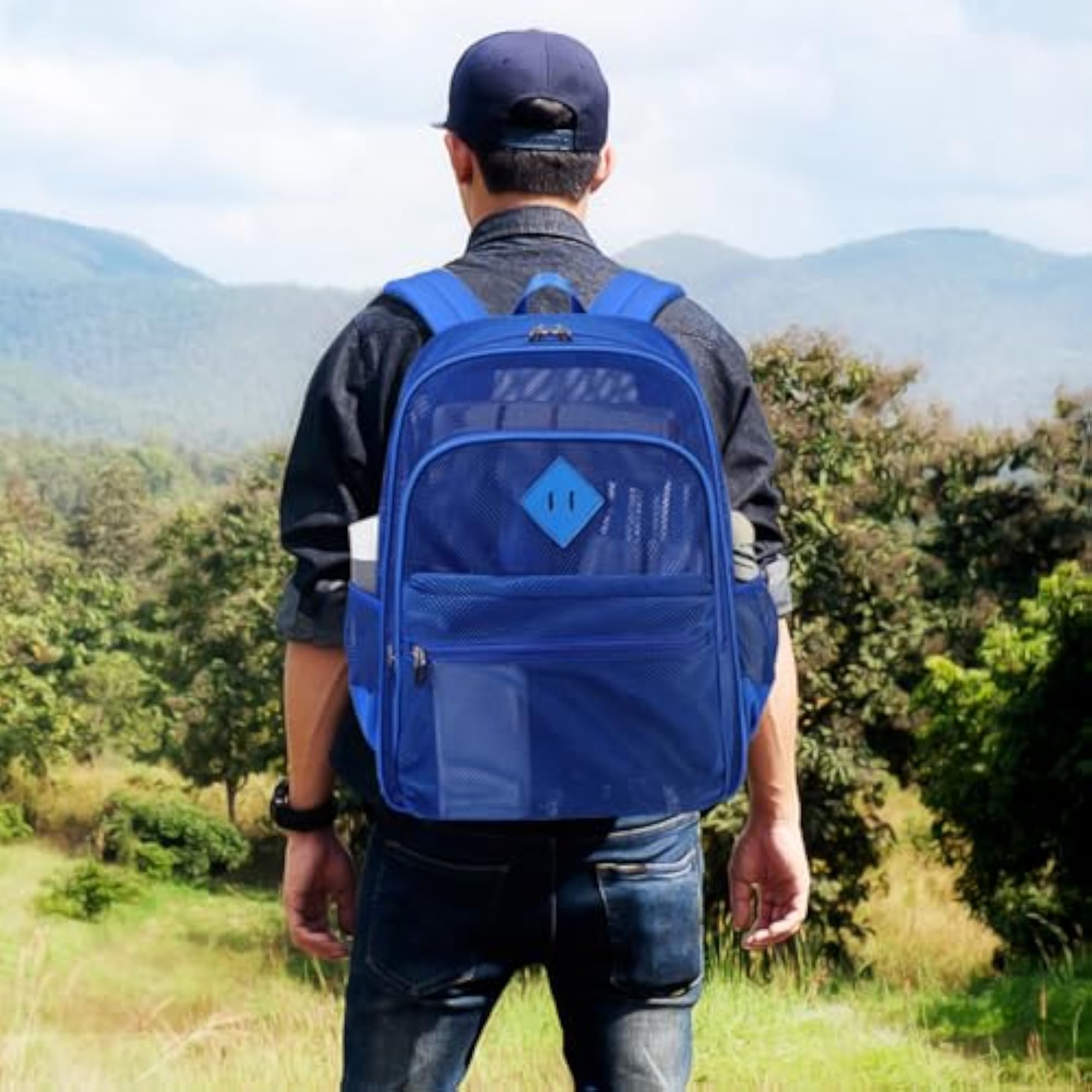 Mesh Backpack Heavy Duty, See Through School Backpack Transparent Bookbag for Swimming, Beach, Sports, Work, Travel, Blue