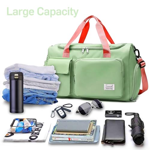 Image of Suruid Gym Bag with Shoe Compartment, Sports Duffle Bag for Women, Birght Green Pink, 19.68 x 11.02 x 11.02 inches | Dry Wet Separation Pouch, For Men and Women, Overnight Weekender Training Handbag Yoga Bag