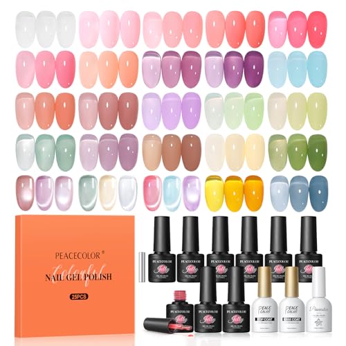 PEACECOLOR 25PCS Vernis Semi Permanent Jelly, 22 Couleurs Transparent Rose Blanc Jaune Pastel Vernis à Ongles avce No Wipe Base et Top Coat Cat Eye Gel Nail...