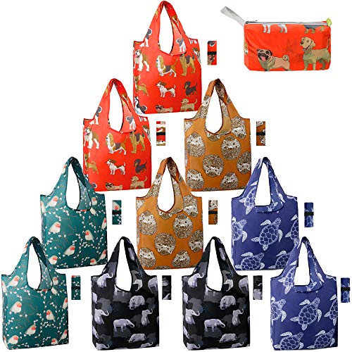 Reusable Shopping Bags Foldable Grocery Totes 10 Pack with Zipper Carry Pouch Cute