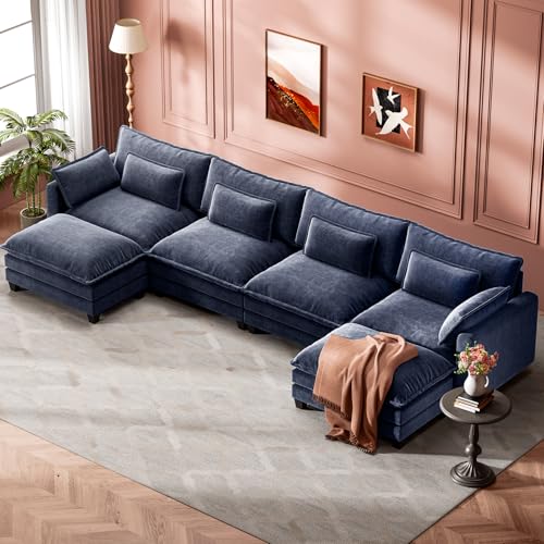 Image of Marsail Modular Sectional Sofa 145.6 inch U-Shaped Modern Comfy Cloud Couch, 6-Seat Chenille Deep Seat Sofa with Throw Pillow & Movable Ottoman for Living Room, Bedroom and Apartment, Blue