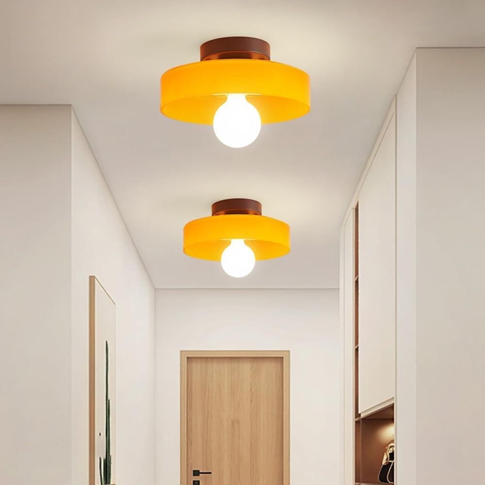 Mid-Century Modern Unterputz-Deckenleuchte, farbiger Glasschirm, nah an der Decke, Leuchte for Küche, Schlafzimmer, Flur, Eingangsbereich, Foyer, Vintage-Stil-Beleuchtung mit weicher(Orange)