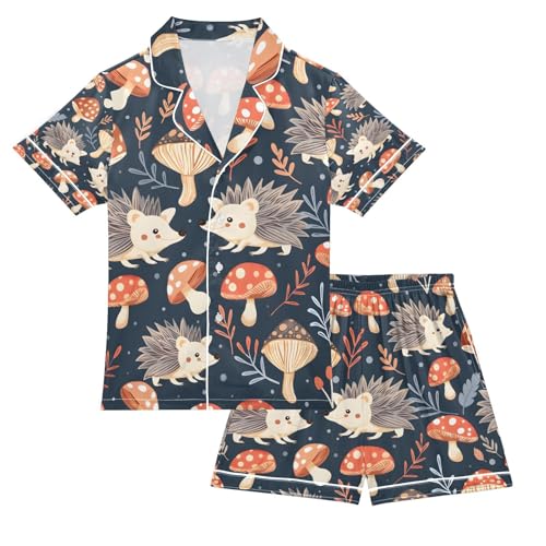 senya Hedgehog Mushroom Satin Summer Pajama Sets Silk Short Sleeve Button Down Sleepwear