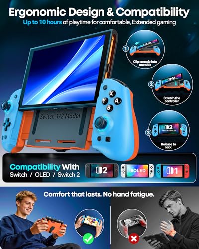 Image of OIVO Switch 1 /2 Controller for Original /OLED /Switch 2 Console, Stretchable Switch Handheld Joypad Ergonomic Grip for NS Pro Controller with RGB Light, TMR Joystick, Turbo, 4 Macro, Blue & Orange