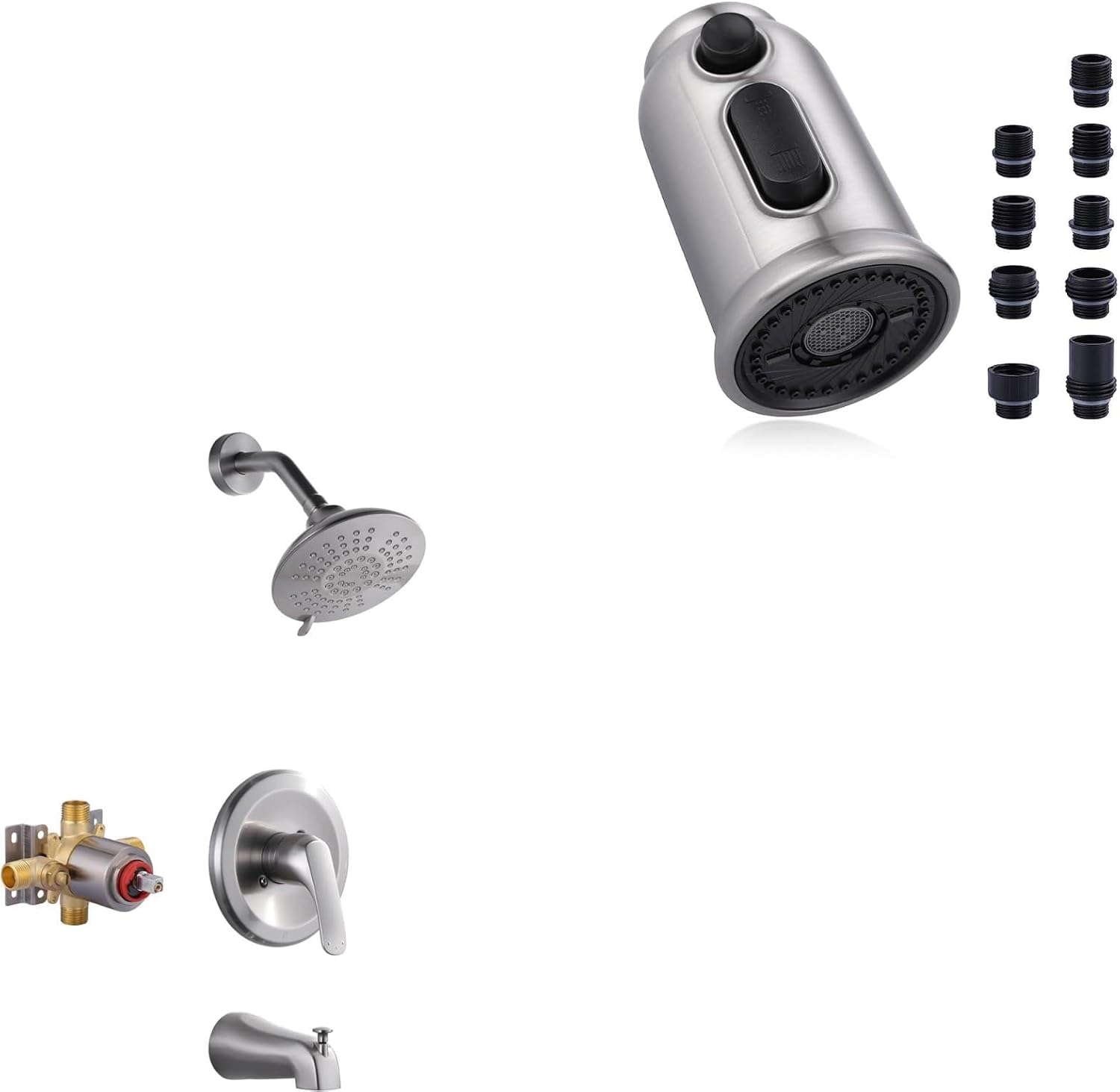 Kitchen Faucet Head Replacement + Shower Faucet with Valve Bundle, 3-Function Kitchen Faucet Spray Head with 9 Adapter Kit, Bathtub Faucet with Shower