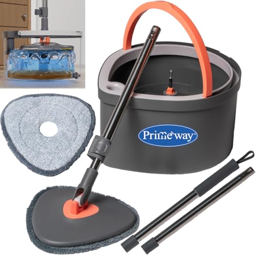 Image of Primeway Advanced 360 Drop Spin Mop | Wash & Dry Function | Rotary Clean System | 130cm Long Hydraulic Handle | Clean & Dirty Water Separation | 23.5cm Triangle Flat Microfibre Pad | 3 LTR
