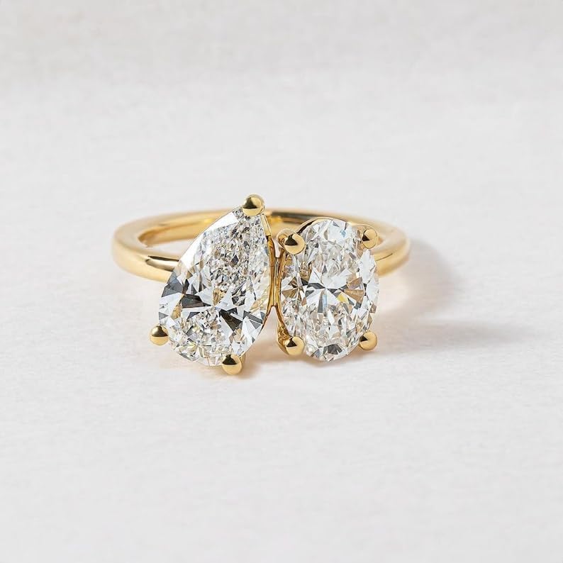 14k Gold Plated Toi Et Moi Ring, 3.25 CT Oval & Elongated Pear Cut Moissanite Diamond Engagement Ring, You N Me Wedding Rings, Statement Rings/Gift • SE1403