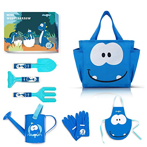 Colwelt Juego de jardinería para niños, 7 herramientas de jardinería para niños con riego seguro para niños, tenedor, rastrillo, paleta, bolsa de jardinería, regalos para niños pequeños Cover