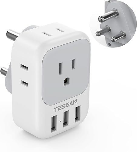 TESSAN Adaptador de corriente para Sudáfrica, adaptador de enchufe de viaje tipo M con 4 salidas de CA y 3 puertos USB para EE. UU. a Sudáfrica