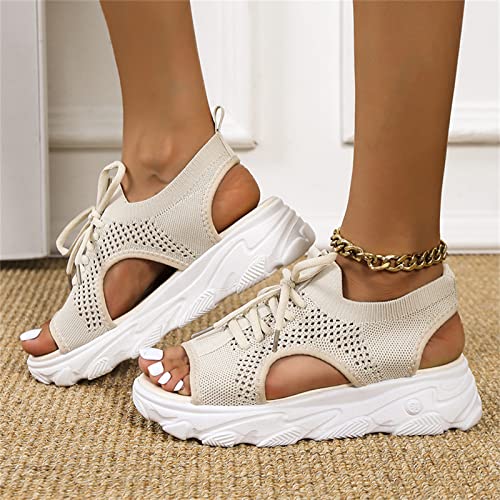 DOIX Women's Summer Wedges Sport Sandals Washable Slingback Knit Mesh Platform Fish Mouth Sandals Casual Soft Sole Lace-Up Sneaker Ankle Elastic Slip on Walking Shoes