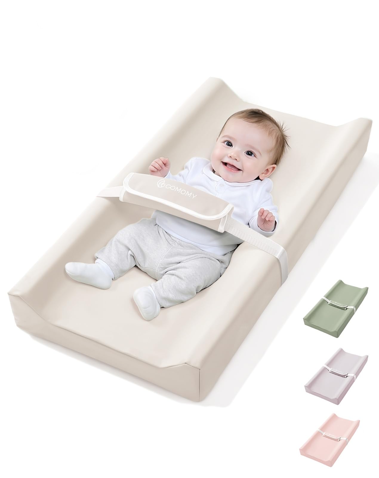 COMOMY Cambiador de cuero vegano para bebé con cubierta de poliuretano impermeable y suave, almohadilla cambiadora de cuña antideslizante con correas de seguridad, cambiador de pañales portátil, para