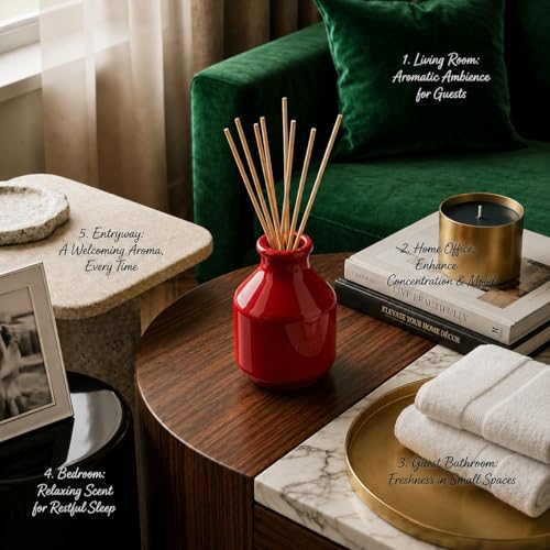 Image of Pure Source India Elegant Ceramic Reed Diffuser Pot - Decorative Aroma Diffuser Vase for Living Rooms, bedrooms, bathrooms, Offices, and entryways (Red)
