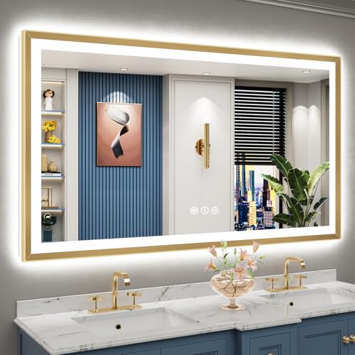 Image of 60x36 Gold Beveled LED Bathroom Mirror Backlit & Front Lit Anti-Fog | Brushed Gold Framed, Anti-Fog Lighted Vanity Mirror, Dimmable, 3-Color Light, Memory, CRI95, HD Tempered Glass, UL Listed