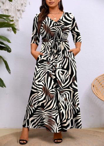 Image of Runwind Plus Size Wrap Dress for Women, Maxi A-Line Dresses with Belt | Versatile maxi for weddings church holiday parties, 3 /4 Sleeve V-neck with pcckets, soft stretchy fabric, 1X-6X