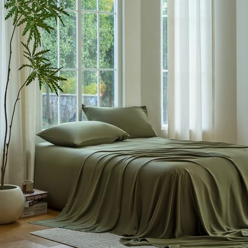 Image of DOZ Sheet Set, 100% Viscose derived from Bamboo, Organically Grown, Buttery Soft, Cooling Sheets, High GSM, Deep Pockets - 2 Piece - 1 Pillowcase 1 Fitted Sheet (Olive, Twin XL)