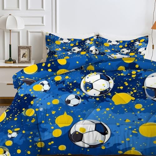 SYHIEGO Couette 220x240 4 Saisons Football, Couette Imprimée Motif Ballon de Football Couette 2 Personnes, Edredon Jeux Sports avec 2 Taie d'oreiller 65x65, Réversible Couette sans Housse, G&8