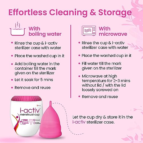 i-activ Menstrual Cup for Women with free sterilizer case | Rash-Free, Leak-Free & Ultra soft Cup with Pouch| 100% Medical Grade Silicone | 8-10... - Image 7