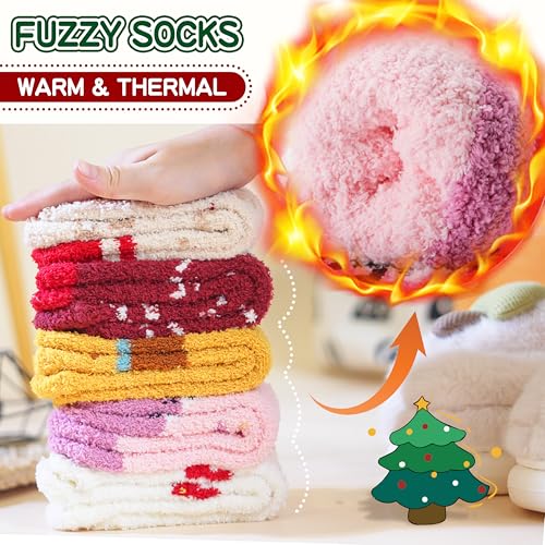 Sandsuced Fuzzy Fluffy Warm Slipper Socks for Women Winter Cozy Thick Cute Crew Sleep Comfy Fleece Christmas Socks 5 Pairs2