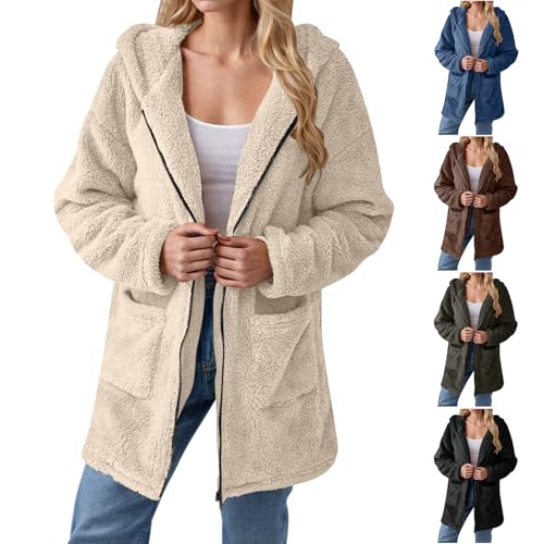 KOG Fleecejacke für Damen Wintermantel Warme Teddyjacke Wollmantel Einfarbig Streetwear Frauen Kapuzenpullover übergangsjacke Strickjacke Frau Daunenmantel Sportjacke...