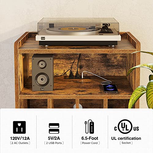 Rolanstar End Table With Charging Station, Record Player Stand With Led Lights, Nightstand With Storage Shelf, Mid-Century Record Storage, For Living Room,Bedroom - Rustic Brown #TOP6