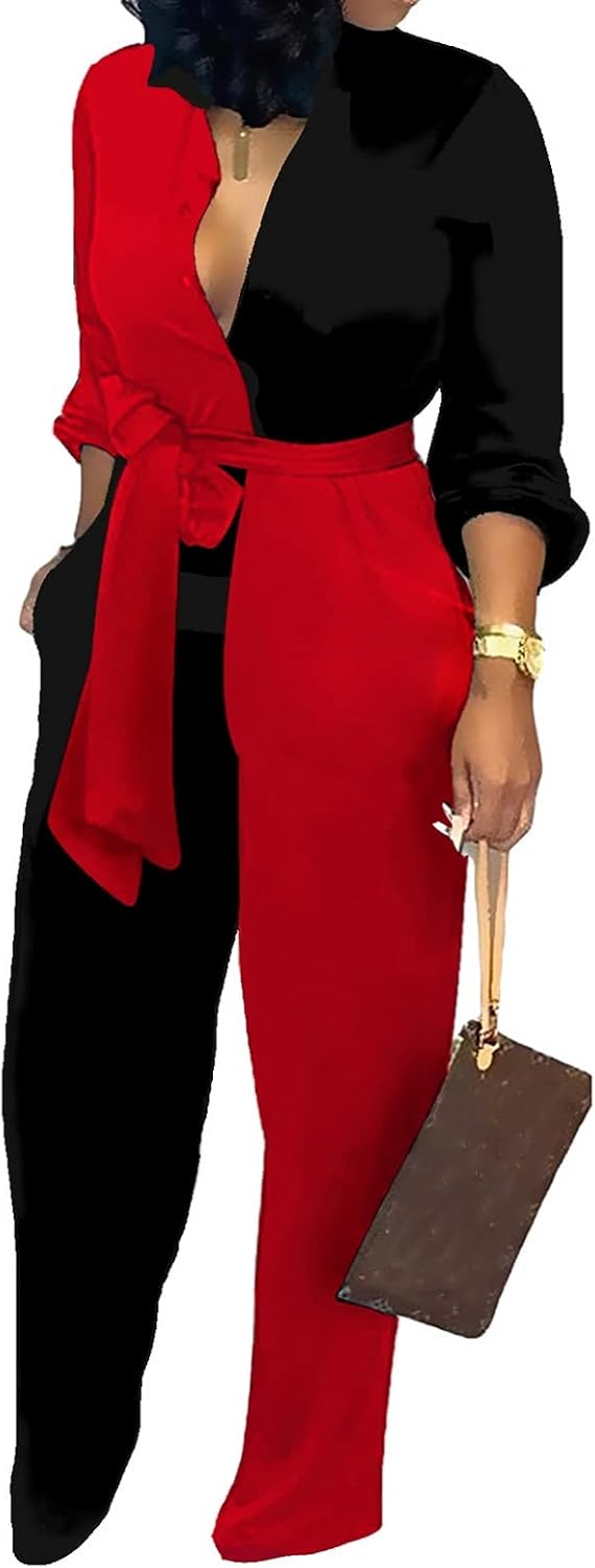 SeNight Women's Jumpsuits Elegant Business Casual Button Down V Neck Long Sleeve Strap Straight Long Pants With Pockets - Image 2