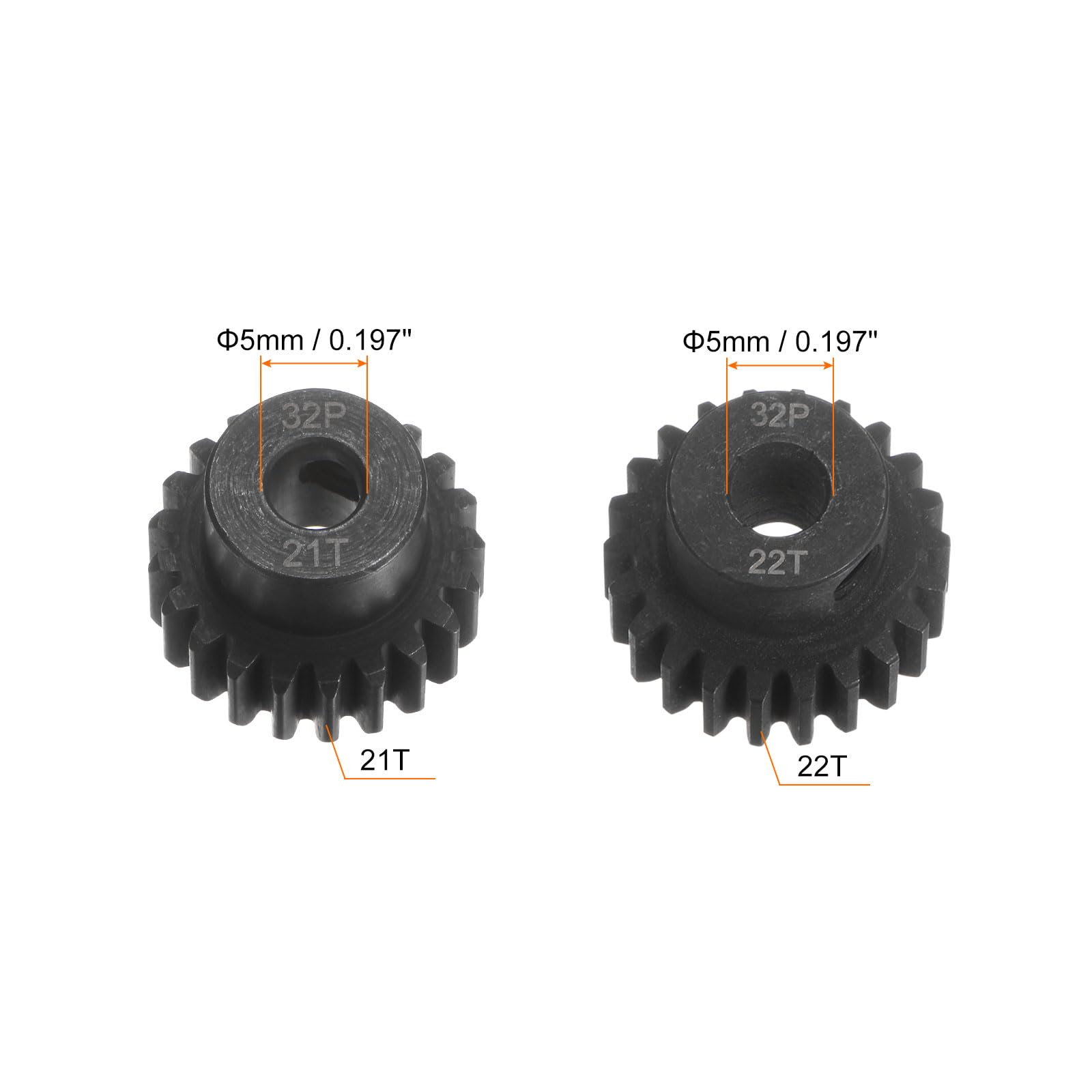 HARFINGTON 32P Hardened Pinion Motor Gear Set 2pcs 21T 22T Fit 5mm RC Motor Shaft 0.8 Metric Pitch 32 Pitch Gears for RC Car, with Hex Key