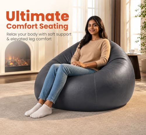 Image of Sattva Classic 2XL Sofa Style Bean Bag Chair with Beans Filled | Faux Leather Bin Bags Sofa Set with Beans Filling for Living Room | Beam Bag, Large Beanbags for Home & Office - Grey
