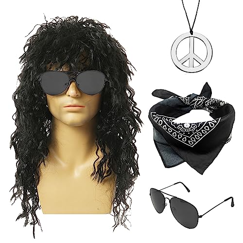 MIVAIUN 4 Pièces 70s 80s Costume de Perruque Rock Accessoires de Disco pour Hommes Femmes Rock Star Hippie Punk Mullet Perruque Bandana Peace Collier Lunettes de Soleil pour Halloween Carnaval (Noir)