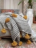 Moroccan Handmade Pompom Blanket, Throw Blanket, Pom Pom Blanket, Boho Blanket, Bed Cover, Warm Blanket, Cozy Blanket (White with pom Brown, Queen (U.S. Standard)) (King Size)