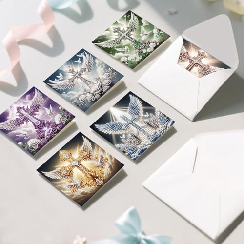 Image of 6 Pack Diamond Painting Greeting Cards with Envelopes, DIY 5D Diamond Art Card Kit Winged Cross Designs, 30x15cm Handmade Religious Cards Crafts for Spiritual Blessings and Faithful Greetings