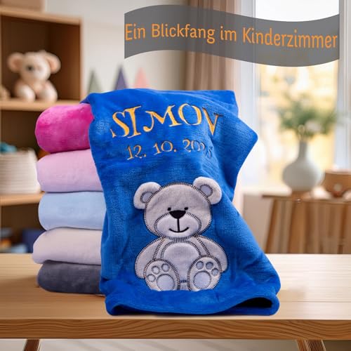 Wuff-Dogsworld Kuschlige Babydecke SUPER FLAUSCHIG Bestickt mit Namen und Datum Viele Farben zur Geburt für Jungen & Mädchen, Personalisierte Geschenke Baby, Babydecke personalisiert