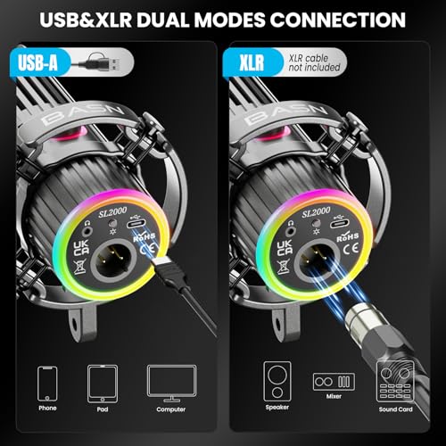 BASN USB/XLR Dynamic Microphone for Podcasting, Live Streaming, Gaming Recording with RGB Mute Button, Headphone Monitoring and MIC Stand (Gray) SL2000 — view 4
