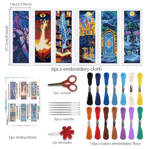Image of BEUNITONE 6 PCS Cross Stitch Bookmark Kit for Adults Beginners,Fairy Tale Scene Pre-Printed Cross Stitch,DIY Stamped Embroidery Bookmark Kits,with Instructions,Craft Kit for Book Lovers 8.5''x3''