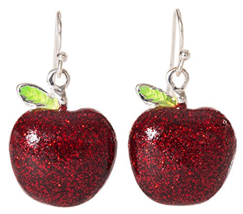 Artisan Owl - Red Apple Sparkling Enamel Polished Silver Tone Fruit Dangle Earrings