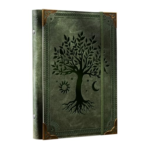 Ovesmusl PU Leather A5 Binder 6 Ring Refillable Journal Cover No Refill Paper A5 Planner Binder Loose Leaf Binder for Notebook 5.7x8.3 with Elastic Closure Green Tree