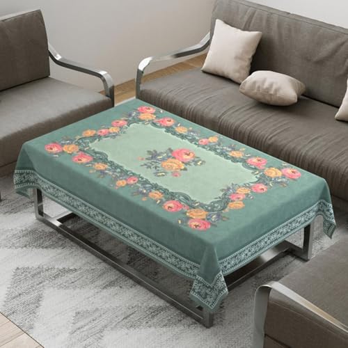 Image of Cloth Fusion Rectangular Velvet Floral Centre Table Cover Cloth, Table Cloth With Elegant Floral Pattern For Living Room (40x60 Inch, Turquoise)