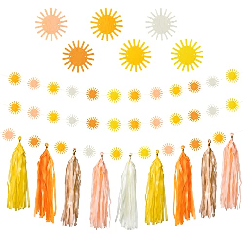 G1ngtar 53 Pcs Boho Sun Garland Tassel Banner Hippie Muted Sunrise First Trip Around the Sun Party Decoration Supplies Aesthetic Indoor Outdoor Artificial Felt Wall Decor Birthday Baby Shower Wedding