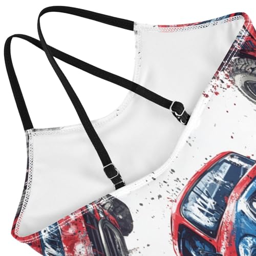 Pigsaly Girls One Piece Swimsuits Grunge Red Blue Monster Trucks Kids Cross Back Swimwear Beach Sport Bathing Suit 3T4