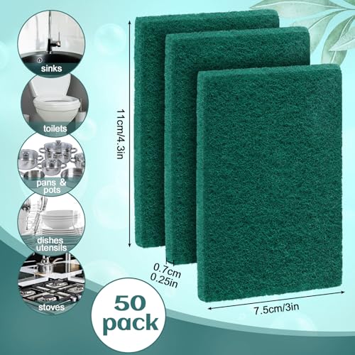 Image of Hoolerry 50 Pcs Non Scratch Scouring Pads for Kitchen Dish,Green