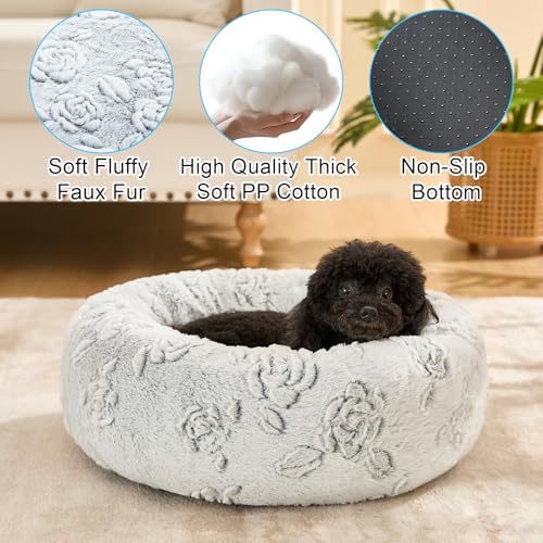 Image of Dog Calming Beds for Small Medium Large Dogs - Round Donut Washable Puppy Dog Bed, Anti-Slip Faux Fur Fluffy Donut Cuddle Anxiety Cat Pet Bed (36 inch Rose)