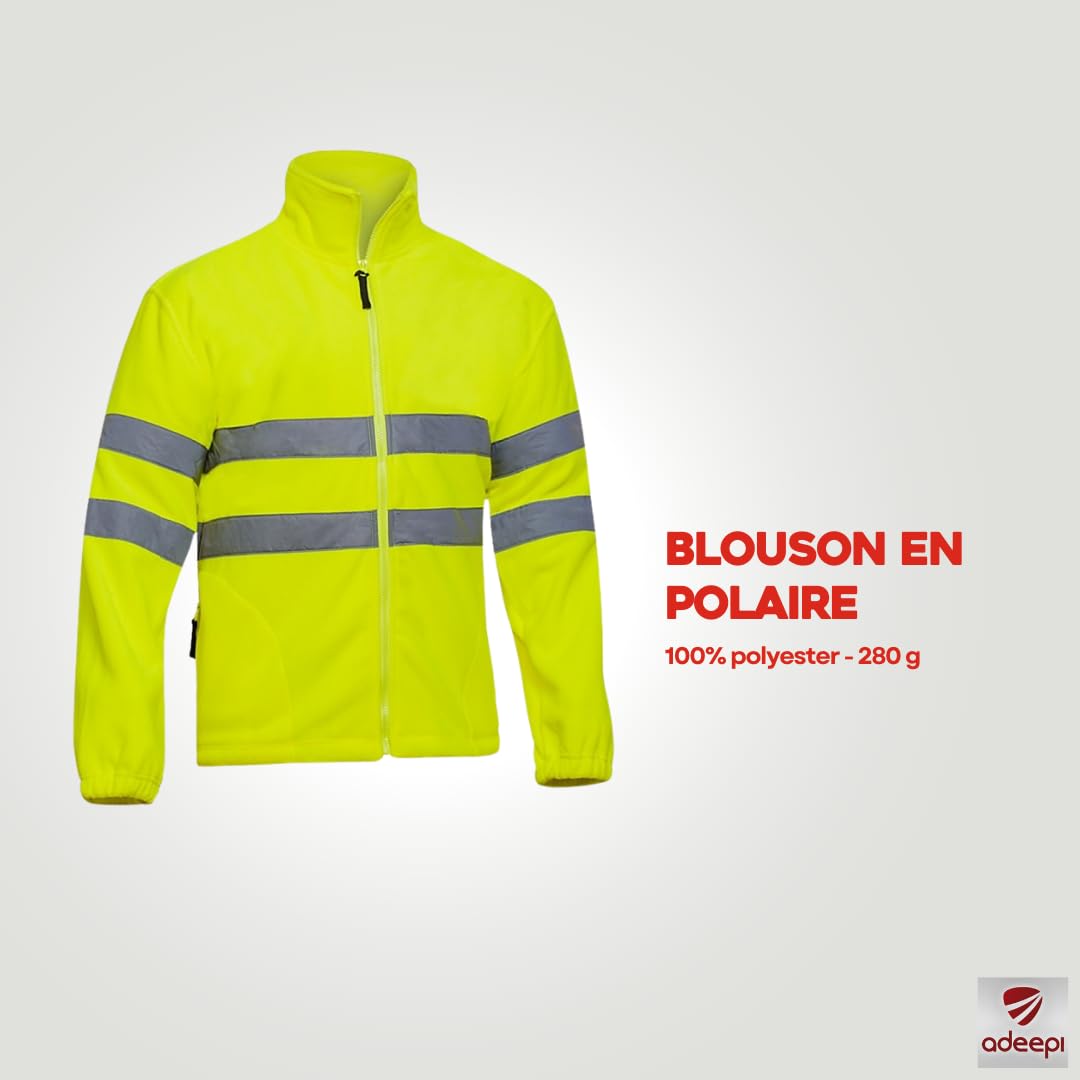 Polaire HV jaune | Haute-Visibilité | Deux poches frontales zippées | Fermeture centrale zippée | Bandes réfléchissantes | Taille ajustable | Usage Professionnel | Jaune Fluo | De XS au 4XL